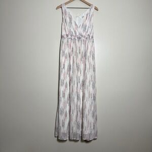 Motherhood Maternity Maxi Dress M White Pink Blue Dotted Stripe Sleeveless